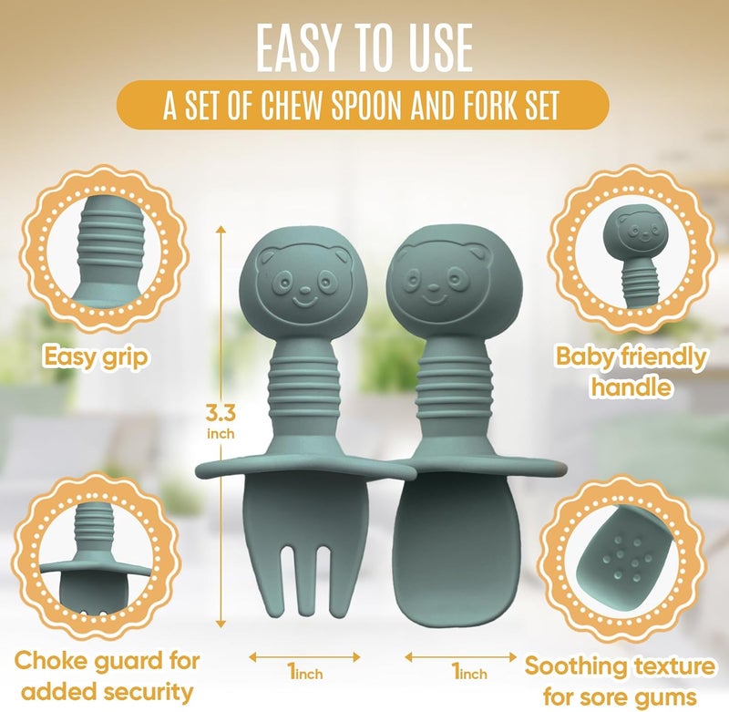 HippoBaby 4pc Silicone Baby Spoons Self Feeding Baby Utensils 6-12 Months - 3 Baby Spoon - 1 Baby Fork - Toddler Cutlery Set - BPA Free, Dishwasher Safe, Baby Eating Essentials (Light pink/Army Green) - Image 4